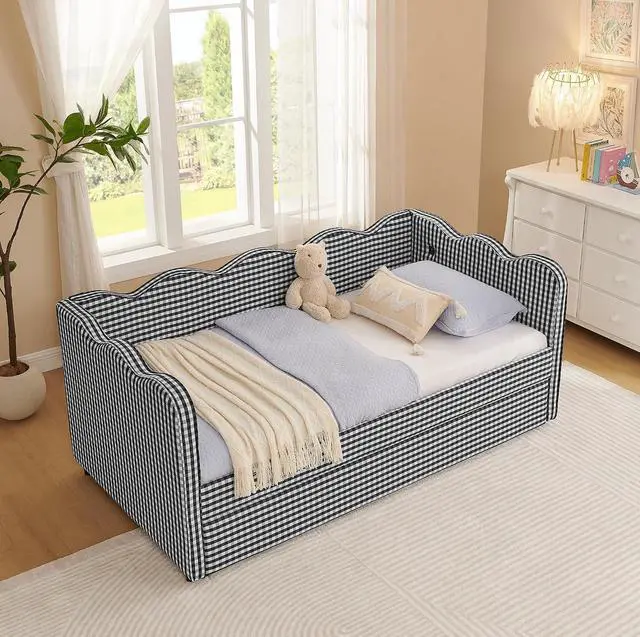 Alt view image 4 of 7 - Gingham Twin Daybed with Trundle, Twin to King Bed with USB Port and Adorable Wave Shaped, Linen Upholstered Daybed Frame, Corner Sofa Bed, No Box Spring Needed, Black