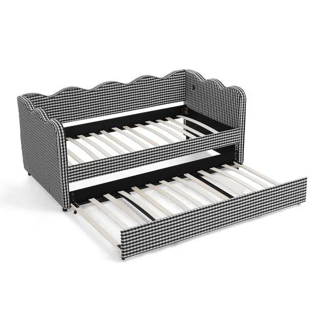 Alt view image 6 of 7 - Gingham Twin Daybed with Trundle, Twin to King Bed with USB Port and Adorable Wave Shaped, Linen Upholstered Daybed Frame, Corner Sofa Bed, No Box Spring Needed, Black