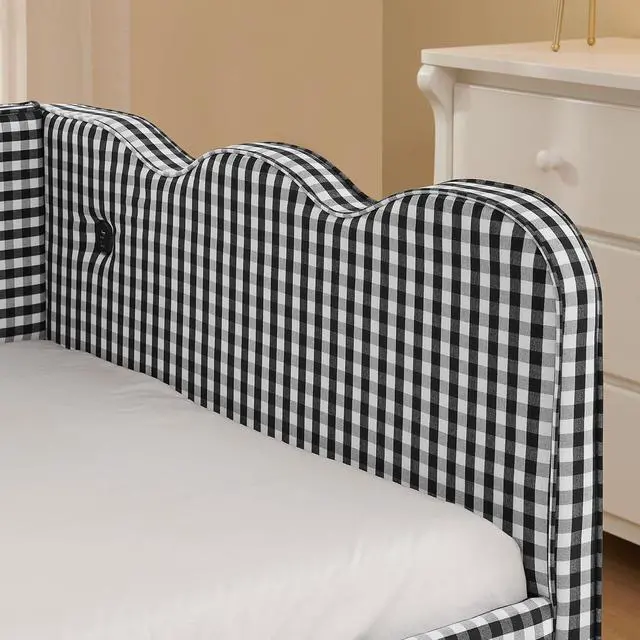 Alt view image 7 of 7 - Gingham Twin Daybed with Trundle, Twin to King Bed with USB Port and Adorable Wave Shaped, Linen Upholstered Daybed Frame, Corner Sofa Bed, No Box Spring Needed, Black