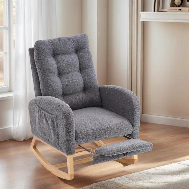 Main image of Plush High-Back Rocker Recliner, Teddy Fabric Accent Rocking Chair with Footrest, Glider Nursery Chair with Rubber Wood Legs, Lounger for Nursery, Bedroom, Living Room, Dark Gray
