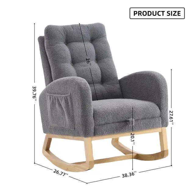 Alt view image 2 of 7 - Plush High-Back Rocker Recliner, Teddy Fabric Accent Rocking Chair with Footrest, Glider Nursery Chair with Rubber Wood Legs, Lounger for Nursery, Bedroom, Living Room, Dark Gray