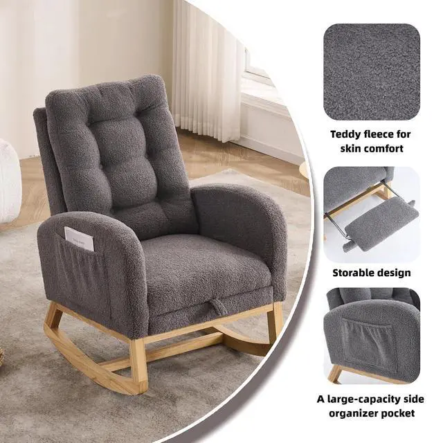 Alt view image 3 of 7 - Plush High-Back Rocker Recliner, Teddy Fabric Accent Rocking Chair with Footrest, Glider Nursery Chair with Rubber Wood Legs, Lounger for Nursery, Bedroom, Living Room, Dark Gray