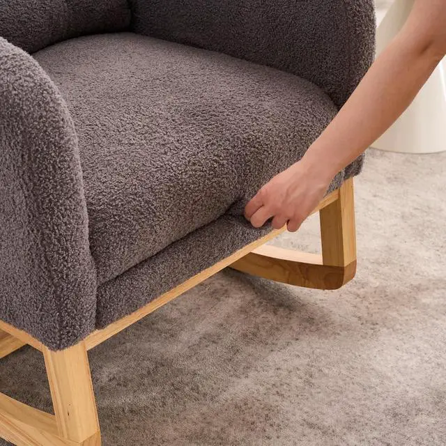 Alt view image 7 of 7 - Plush High-Back Rocker Recliner, Teddy Fabric Accent Rocking Chair with Footrest, Glider Nursery Chair with Rubber Wood Legs, Lounger for Nursery, Bedroom, Living Room, Dark Gray