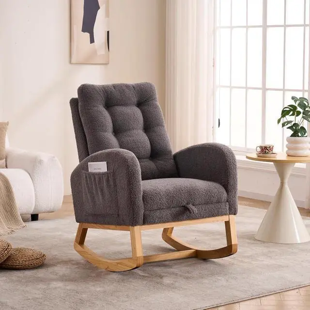 Alt view image 5 of 7 - Plush High-Back Rocker Recliner, Teddy Fabric Accent Rocking Chair with Footrest, Glider Nursery Chair with Rubber Wood Legs, Lounger for Nursery, Bedroom, Living Room, Dark Gray