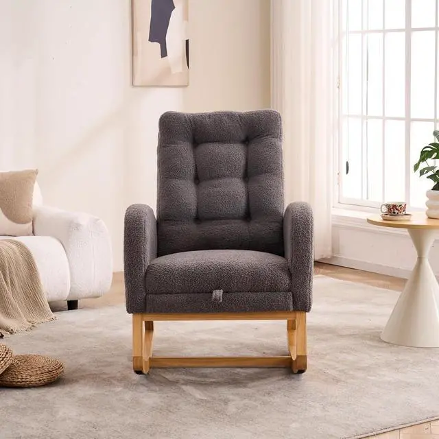 Alt view image 6 of 7 - Plush High-Back Rocker Recliner, Teddy Fabric Accent Rocking Chair with Footrest, Glider Nursery Chair with Rubber Wood Legs, Lounger for Nursery, Bedroom, Living Room, Dark Gray