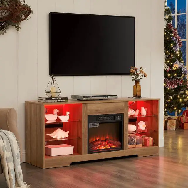 Main image of 58" Fireplace TV Stand with 18" Electric Fireplace, LED Entertainment Center TV Cabinet with Glass Shelves, Modern Television Table Center for TV up to 62" with USB Charging Outlet, Oak