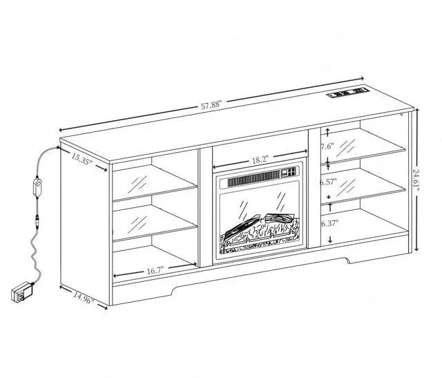 Alt view image 2 of 2 - 58" Fireplace TV Stand with 18" Electric Fireplace, LED Entertainment Center TV Cabinet with Glass Shelves, Modern Television Table Center for TV up to 62" with USB Charging Outlet, Oak