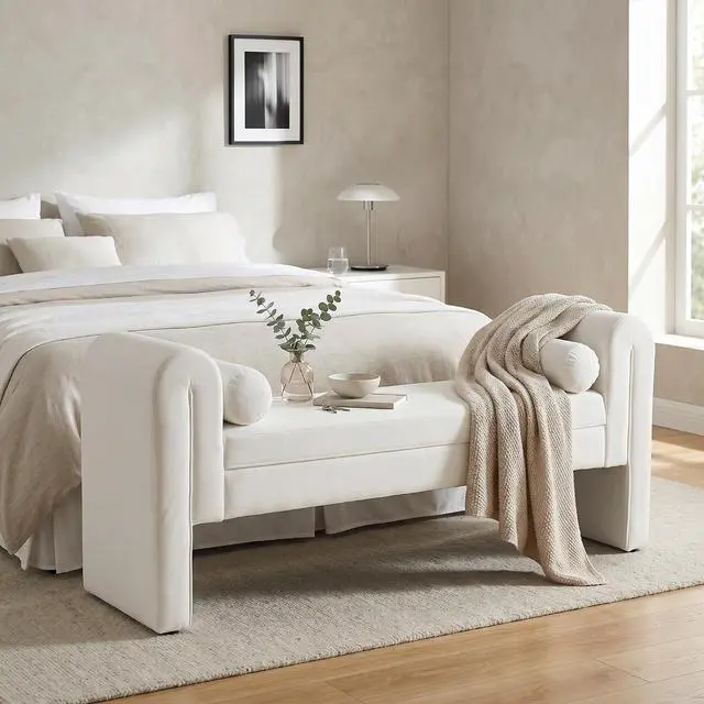 Main image of 60" End of Bed Bench with Storage, Velvet Upholstered Large Storage Ottoman with Rolled Pillows and Armrest, Soft Window Bench, Footstool for Living Room, Entryway, Dormitory, Bedroom, White
