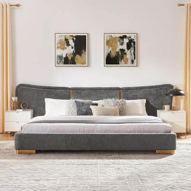 Alt view image 5 of 7 - King Size Platform Bed with Wide Headboard, Soft Chenille Upholstered Bed Frame, Curved Headboard, Oversized Luxury Double Bedframe with Reinforced Electroplated Metal Legs, Dark Gray
