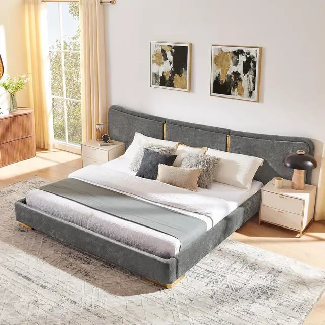 Alt view image 3 of 7 - King Size Platform Bed with Wide Headboard, Soft Chenille Upholstered Bed Frame, Curved Headboard, Oversized Luxury Double Bedframe with Reinforced Electroplated Metal Legs, Dark Gray
