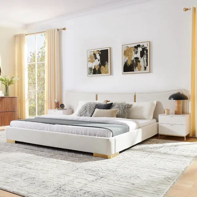 Alt view image 2 of 7 - King Size Platform Bed with Wide Headboard, Soft Chenille Upholstered Bed Frame, Curved Headboard, Oversized Luxury Double Bedframe with Reinforced Electroplated Metal Legs, Beige