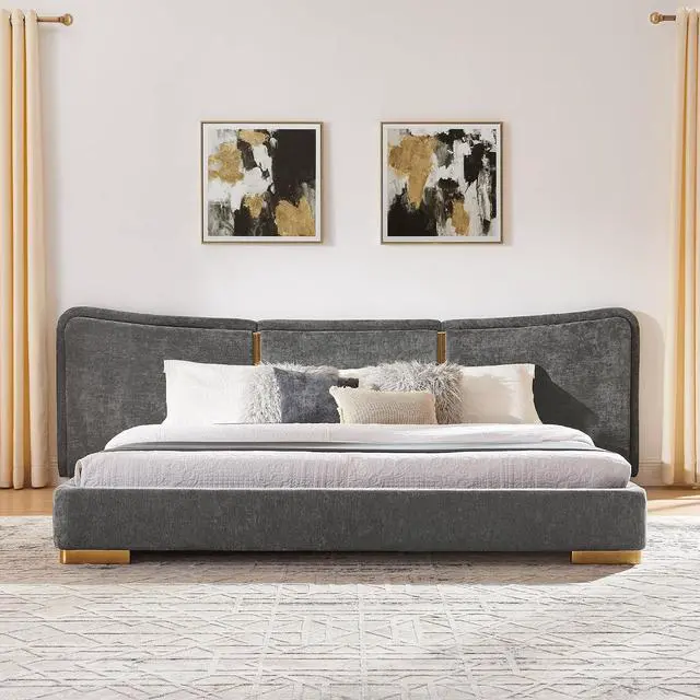 Alt view image 4 of 7 - King Size Platform Bed with Wide Headboard, Soft Chenille Upholstered Bed Frame, Curved Headboard, Oversized Luxury Double Bedframe with Reinforced Electroplated Metal Legs, Dark Gray