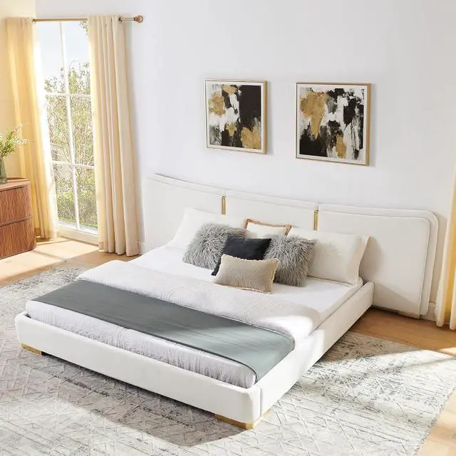 Alt view image 3 of 7 - King Size Platform Bed with Wide Headboard, Soft Chenille Upholstered Bed Frame, Curved Headboard, Oversized Luxury Double Bedframe with Reinforced Electroplated Metal Legs, Beige
