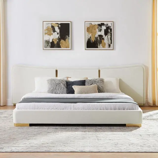 Alt view image 5 of 7 - King Size Platform Bed with Wide Headboard, Soft Chenille Upholstered Bed Frame, Curved Headboard, Oversized Luxury Double Bedframe with Reinforced Electroplated Metal Legs, Beige