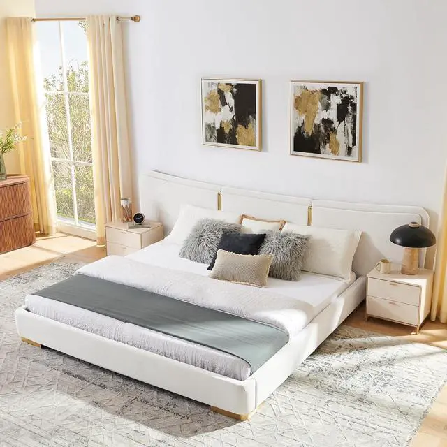 Alt view image 4 of 7 - King Size Platform Bed with Wide Headboard, Soft Chenille Upholstered Bed Frame, Curved Headboard, Oversized Luxury Double Bedframe with Reinforced Electroplated Metal Legs, Beige