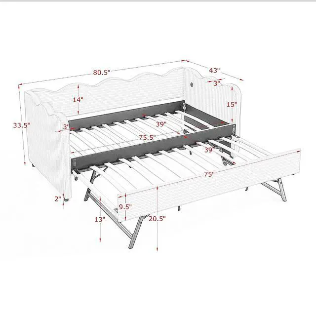 Alt view image 2 of 7 - Gingham Twin Daybed with Trundle, Twin to King Bed with USB Port and Adorable Wave Shaped, Linen Upholstered Daybed Frame, Corner Sofa Bed, No Box Spring Needed, Pink