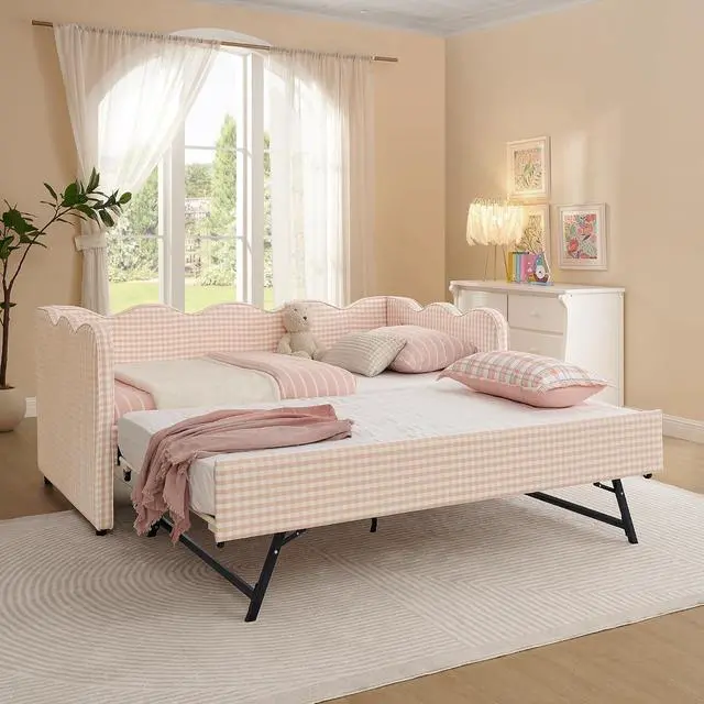 Alt view image 3 of 7 - Gingham Twin Daybed with Trundle, Twin to King Bed with USB Port and Adorable Wave Shaped, Linen Upholstered Daybed Frame, Corner Sofa Bed, No Box Spring Needed, Pink