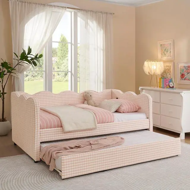 Alt view image 4 of 7 - Gingham Twin Daybed with Trundle, Twin to King Bed with USB Port and Adorable Wave Shaped, Linen Upholstered Daybed Frame, Corner Sofa Bed, No Box Spring Needed, Pink