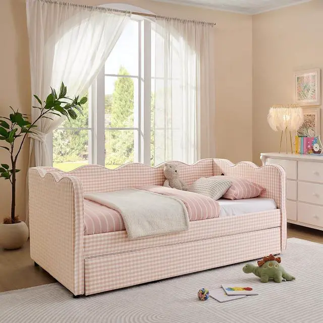 Alt view image 5 of 7 - Gingham Twin Daybed with Trundle, Twin to King Bed with USB Port and Adorable Wave Shaped, Linen Upholstered Daybed Frame, Corner Sofa Bed, No Box Spring Needed, Pink