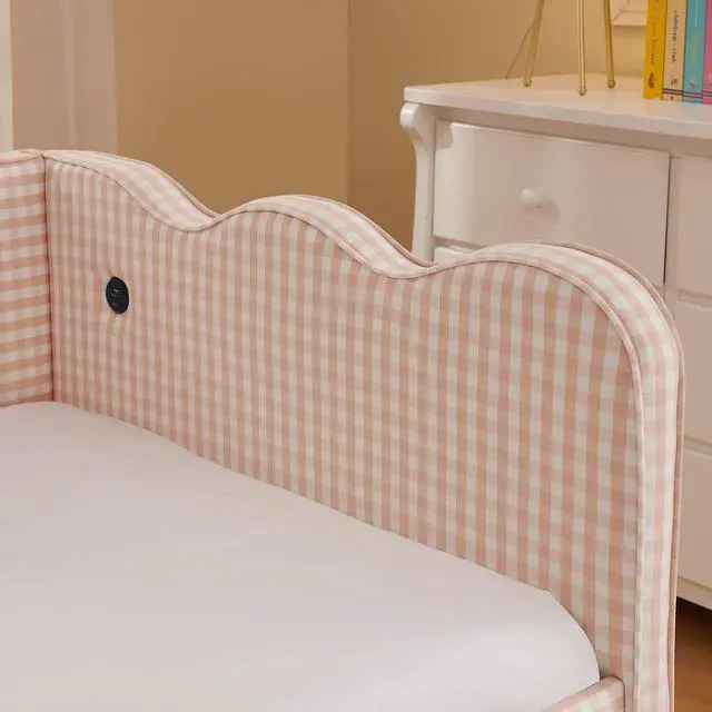 Alt view image 7 of 7 - Gingham Twin Daybed with Trundle, Twin to King Bed with USB Port and Adorable Wave Shaped, Linen Upholstered Daybed Frame, Corner Sofa Bed, No Box Spring Needed, Pink