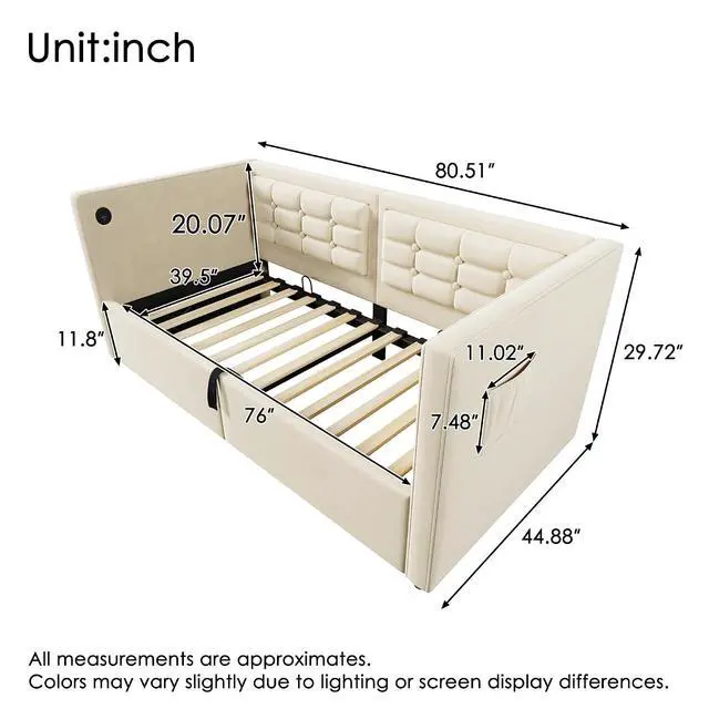 Alt view image 2 of 7 - Twin Size Lift up Storage Daybed, Velvet Upholstered Hydraulic Bed Frame with USB & Type-C Charging, Corner Day Bed with Armrest and Tufted Sofa Back, Solid Wooden Slats, Beige