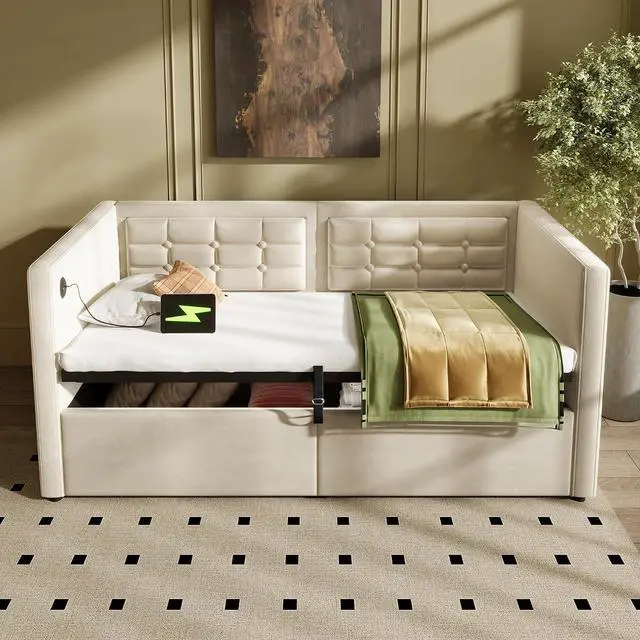 Main image of Twin Size Lift up Storage Daybed, Velvet Upholstered Hydraulic Bed Frame with USB & Type-C Charging, Corner Day Bed with Armrest and Tufted Sofa Back, Solid Wooden Slats, Beige
