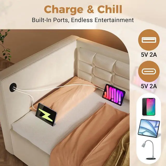 Alt view image 3 of 7 - Twin Size Lift up Storage Daybed, Velvet Upholstered Hydraulic Bed Frame with USB & Type-C Charging, Corner Day Bed with Armrest and Tufted Sofa Back, Solid Wooden Slats, Beige
