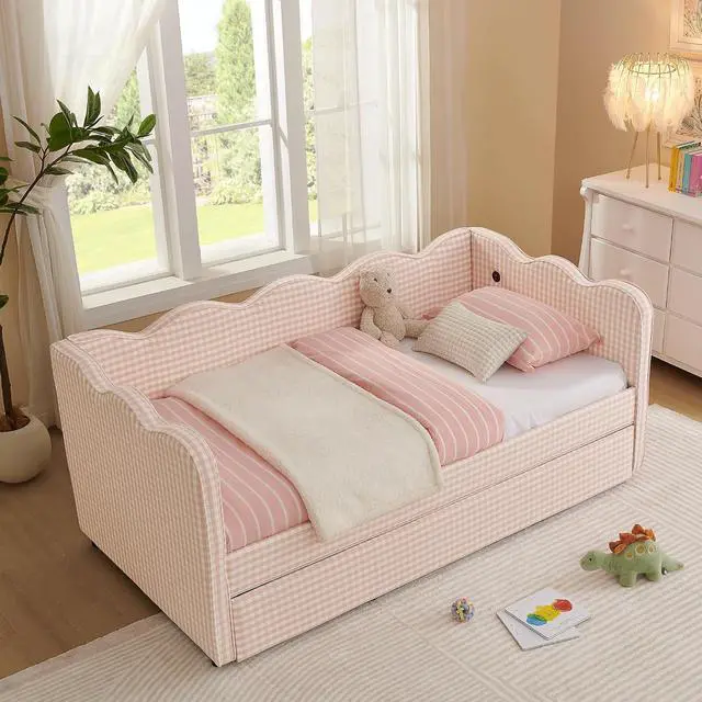 Alt view image 6 of 7 - Gingham Twin Daybed with Trundle, Twin to King Bed with USB Port and Adorable Wave Shaped, Linen Upholstered Daybed Frame, Corner Sofa Bed, No Box Spring Needed, Pink