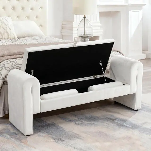 Alt view image 3 of 7 - 60" End of Bed Bench with Storage, Velvet Upholstered Large Storage Ottoman with Rolled Pillows and Armrest, Soft Window Bench, Footstool for Living Room, Entryway, Dormitory, Bedroom, White