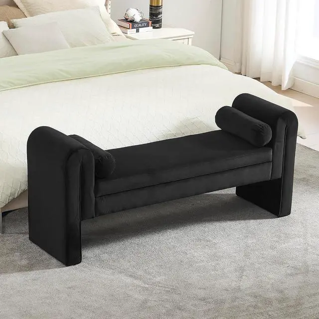 Alt view image 3 of 7 - 60" End of Bed Bench with Storage, Velvet Upholstered Large Storage Ottoman with Rolled Pillows and Armrest, Soft Window Bench, Footstool for Living Room, Entryway, Dormitory, Bedroom, Black