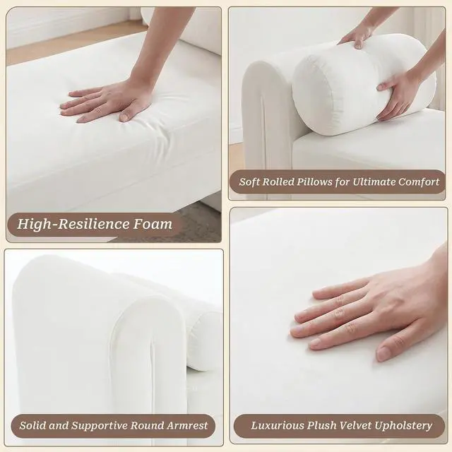 Alt view image 6 of 7 - 60" End of Bed Bench with Storage, Velvet Upholstered Large Storage Ottoman with Rolled Pillows and Armrest, Soft Window Bench, Footstool for Living Room, Entryway, Dormitory, Bedroom, White