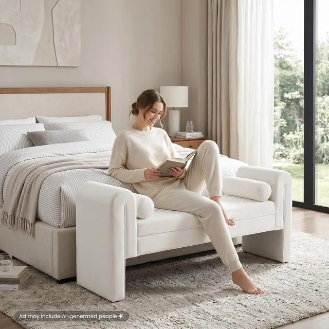 Alt view image 5 of 7 - 60" End of Bed Bench with Storage, Velvet Upholstered Large Storage Ottoman with Rolled Pillows and Armrest, Soft Window Bench, Footstool for Living Room, Entryway, Dormitory, Bedroom, White