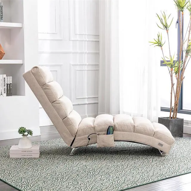 Alt view image 4 of 7 - Chaise Lounge Chair Indoor,Massage Chaise Lounge with Remote Control,Electric Massage Floor Chair,Modern Long Lounger with 5 Modes, Chaise Lounge Sofa for Office, Living Room,Bedroom,Linen,Beige