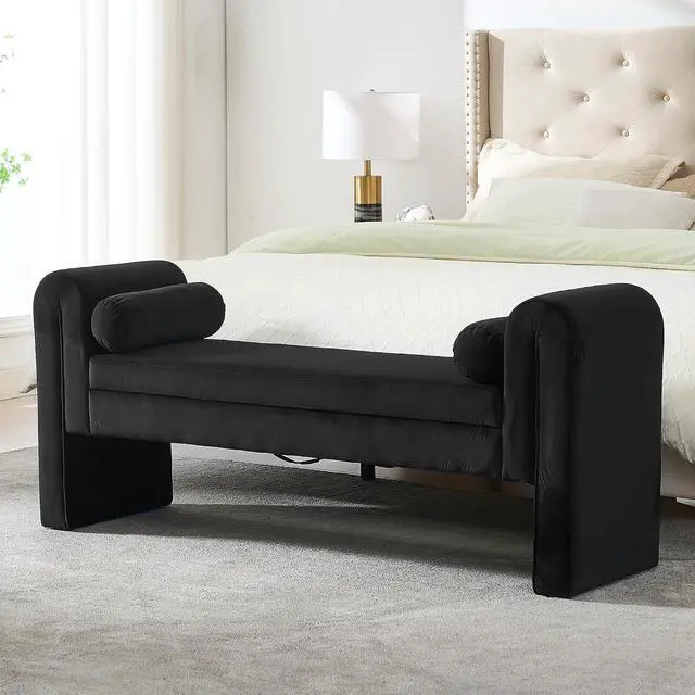 Alt view image 4 of 7 - 60" End of Bed Bench with Storage, Velvet Upholstered Large Storage Ottoman with Rolled Pillows and Armrest, Soft Window Bench, Footstool for Living Room, Entryway, Dormitory, Bedroom, Black