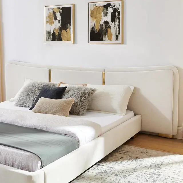 Alt view image 7 of 7 - King Size Platform Bed with Wide Headboard, Soft Chenille Upholstered Bed Frame, Curved Headboard, Oversized Luxury Double Bedframe with Reinforced Electroplated Metal Legs, Beige