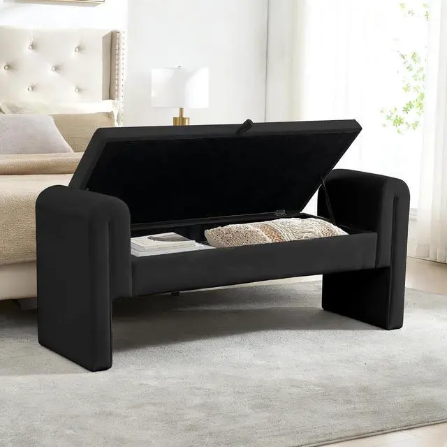 Main image of 60" End of Bed Bench with Storage, Velvet Upholstered Large Storage Ottoman with Rolled Pillows and Armrest, Soft Window Bench, Footstool for Living Room, Entryway, Dormitory, Bedroom, Black