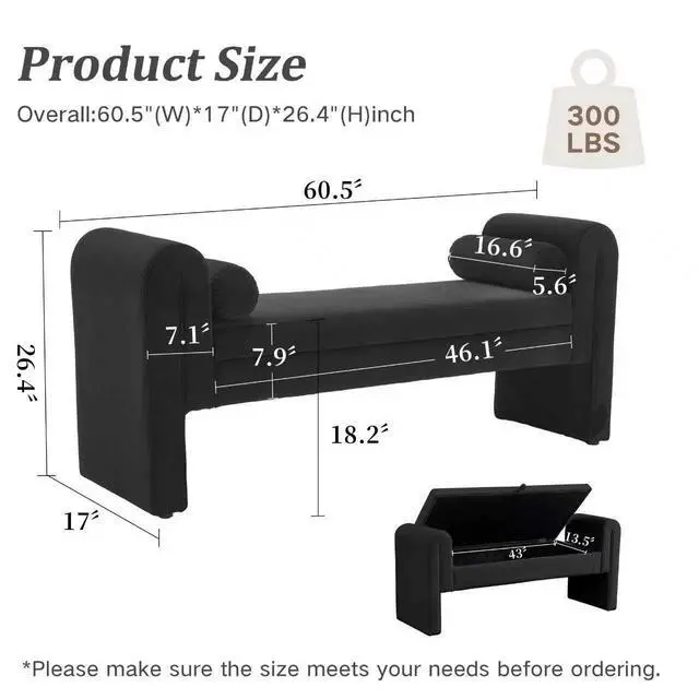 Alt view image 2 of 7 - 60" End of Bed Bench with Storage, Velvet Upholstered Large Storage Ottoman with Rolled Pillows and Armrest, Soft Window Bench, Footstool for Living Room, Entryway, Dormitory, Bedroom, Black