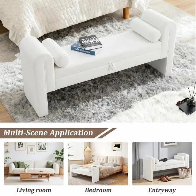 Alt view image 7 of 7 - 60" End of Bed Bench with Storage, Velvet Upholstered Large Storage Ottoman with Rolled Pillows and Armrest, Soft Window Bench, Footstool for Living Room, Entryway, Dormitory, Bedroom, White