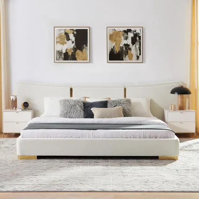Alt view image 6 of 7 - King Size Platform Bed with Wide Headboard, Soft Chenille Upholstered Bed Frame, Curved Headboard, Oversized Luxury Double Bedframe with Reinforced Electroplated Metal Legs, Beige
