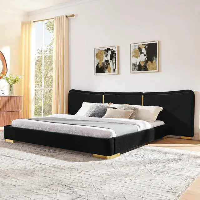 Main image of King Size Platform Bed with Wide Headboard, Soft Chenille Upholstered Bed Frame, Curved Headboard, Oversized Luxury Double Bedframe with Reinforced Electroplated Metal Legs, Black