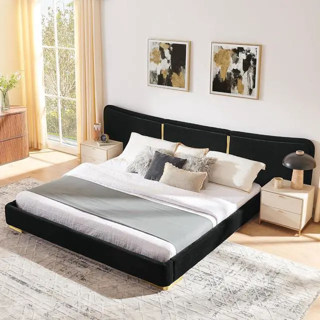Alt view image 4 of 7 - King Size Platform Bed with Wide Headboard, Soft Chenille Upholstered Bed Frame, Curved Headboard, Oversized Luxury Double Bedframe with Reinforced Electroplated Metal Legs, Black