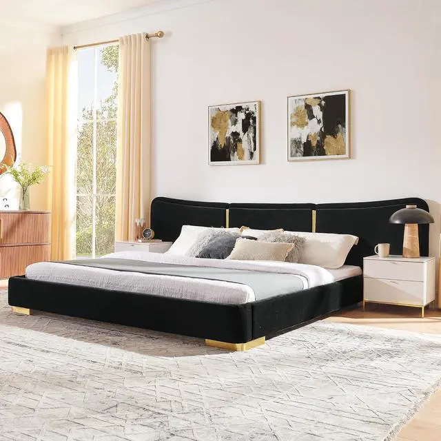Alt view image 2 of 7 - King Size Platform Bed with Wide Headboard, Soft Chenille Upholstered Bed Frame, Curved Headboard, Oversized Luxury Double Bedframe with Reinforced Electroplated Metal Legs, Black