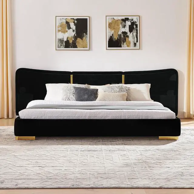 Alt view image 5 of 7 - King Size Platform Bed with Wide Headboard, Soft Chenille Upholstered Bed Frame, Curved Headboard, Oversized Luxury Double Bedframe with Reinforced Electroplated Metal Legs, Black