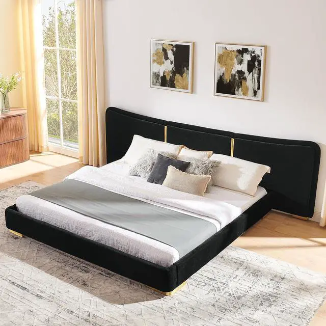 Alt view image 3 of 7 - King Size Platform Bed with Wide Headboard, Soft Chenille Upholstered Bed Frame, Curved Headboard, Oversized Luxury Double Bedframe with Reinforced Electroplated Metal Legs, Black