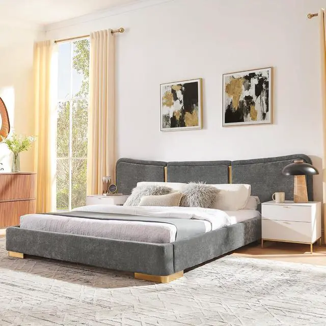 Main image of Queen Size Platform Bed with Wide Headboard, Soft Chenille Upholstered Bed Frame, Curved Headboard, Oversized Luxury Double Bedframe with Reinforced Electroplated Metal Legs, Dark Gray