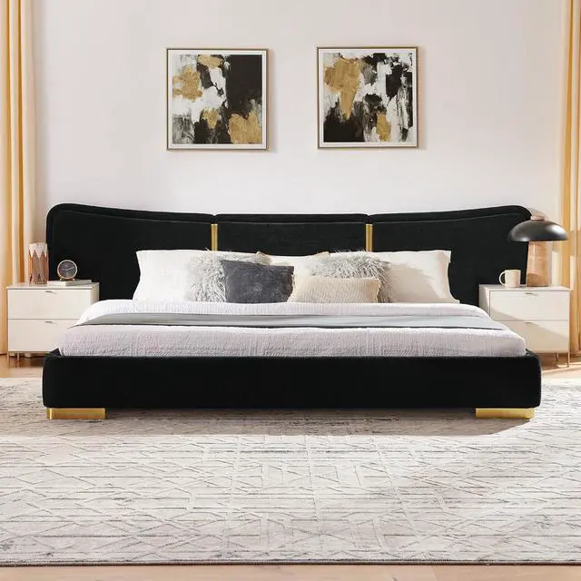 Alt view image 6 of 7 - King Size Platform Bed with Wide Headboard, Soft Chenille Upholstered Bed Frame, Curved Headboard, Oversized Luxury Double Bedframe with Reinforced Electroplated Metal Legs, Black