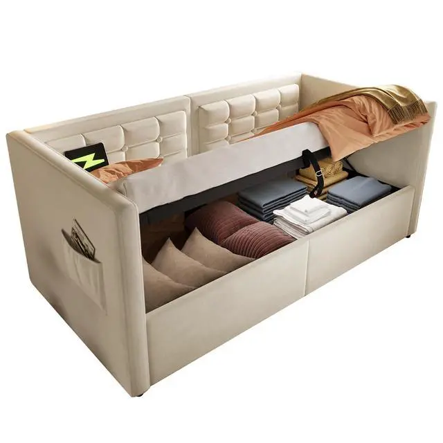 Alt view image 6 of 7 - Twin Size Lift up Storage Daybed, Velvet Upholstered Hydraulic Bed Frame with USB & Type-C Charging, Corner Day Bed with Armrest and Tufted Sofa Back, Solid Wooden Slats, Beige