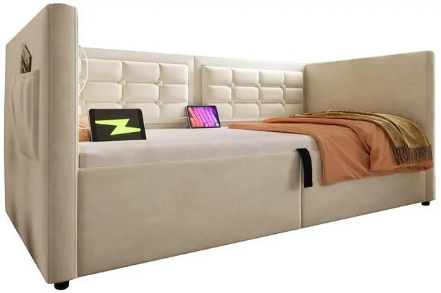 Alt view image 7 of 7 - Twin Size Lift up Storage Daybed, Velvet Upholstered Hydraulic Bed Frame with USB & Type-C Charging, Corner Day Bed with Armrest and Tufted Sofa Back, Solid Wooden Slats, Beige