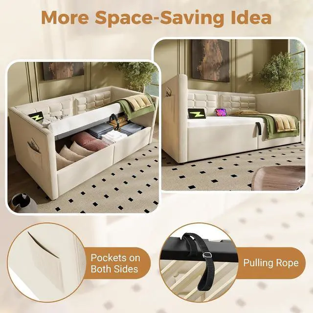 Alt view image 5 of 7 - Twin Size Lift up Storage Daybed, Velvet Upholstered Hydraulic Bed Frame with USB & Type-C Charging, Corner Day Bed with Armrest and Tufted Sofa Back, Solid Wooden Slats, Beige