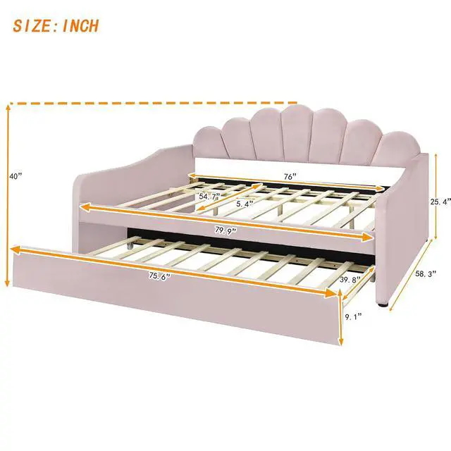 Alt view image 2 of 7 - Full Size Upholstery Daybed with Trundle,Tufted Sofa Bed with Shall Shaped Backrest,Platform Daybed Frame with Headboard and Footboard,Corner Bed Frame for Adults Teens Dorm Guest Room,Pink